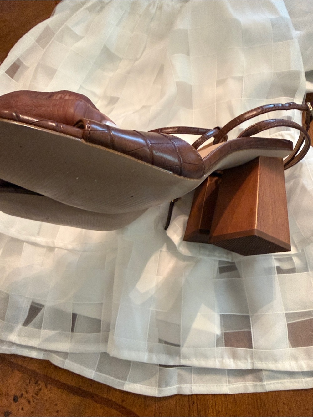 Steve Madden Brown Croc-Embossed Block Heel Sandals with Ankle Strap - Picture 4 of 5